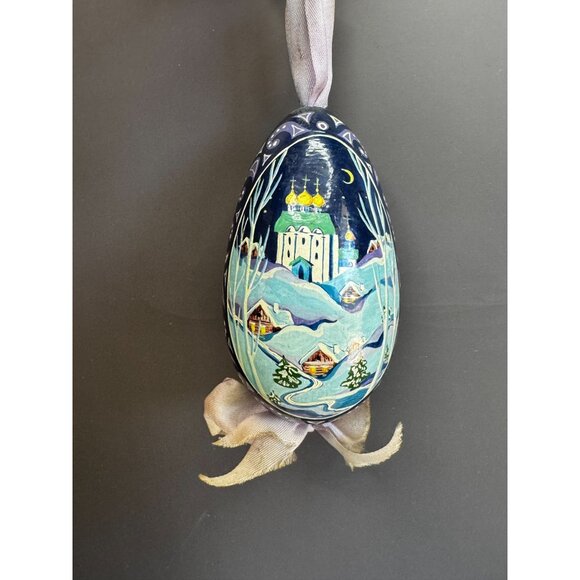 Russian Other - Vintage Russian Egg Ornament Hand Painted Paper Mache Winter Church Christmas 4"
